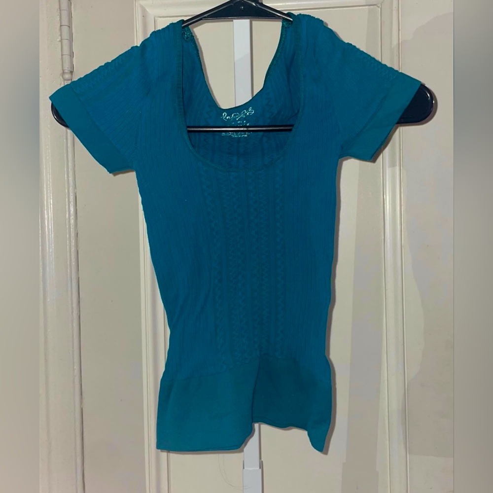 Free People Intimately Blue Green Textured Scoop Kneck Crop Tee XS/Smalll